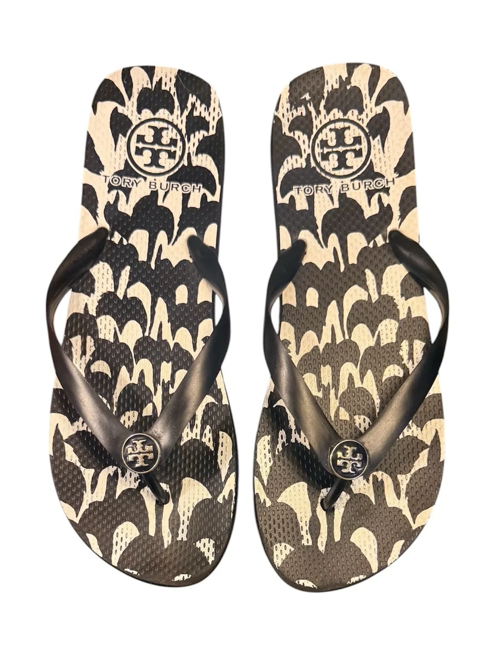 Tory Burch Black and Cream Logo Thong Flip Flop Sandals Size 11